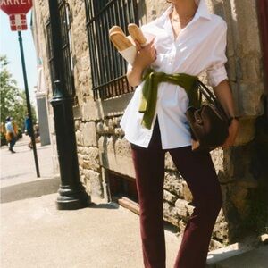 Tuckernuck White Shirt with Olive Sweater and Burgundy Boot-Cut Pants
